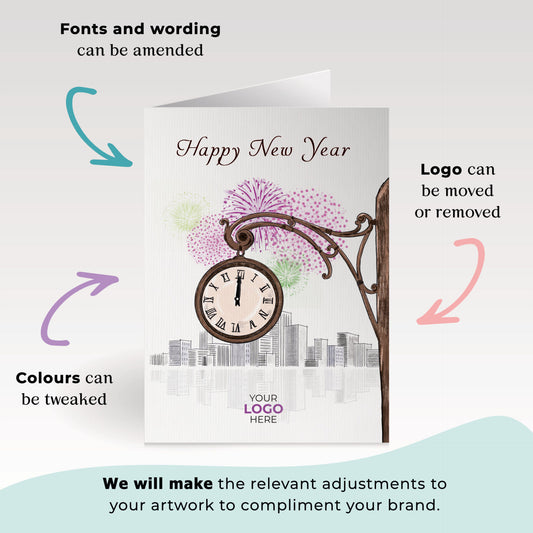 Clock Striking Twelve' Personalised Corporate Branded New Year Greeting Cards image 1