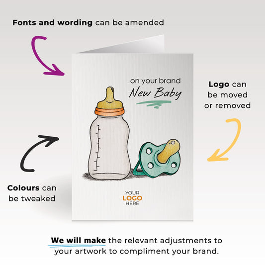 ‘Dummy & Bottle’ Personalised Corporate Branded New Baby Greeting Cards image 1
