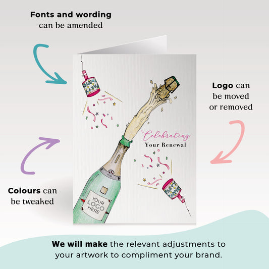 ‘Champagne Popping' Personalised Corporate Branded Renewal Greeting Cards image 1
