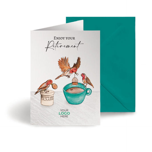 Birds Making Tea’ Personalised Corporate Branded Retirement Greeting Cards image 0