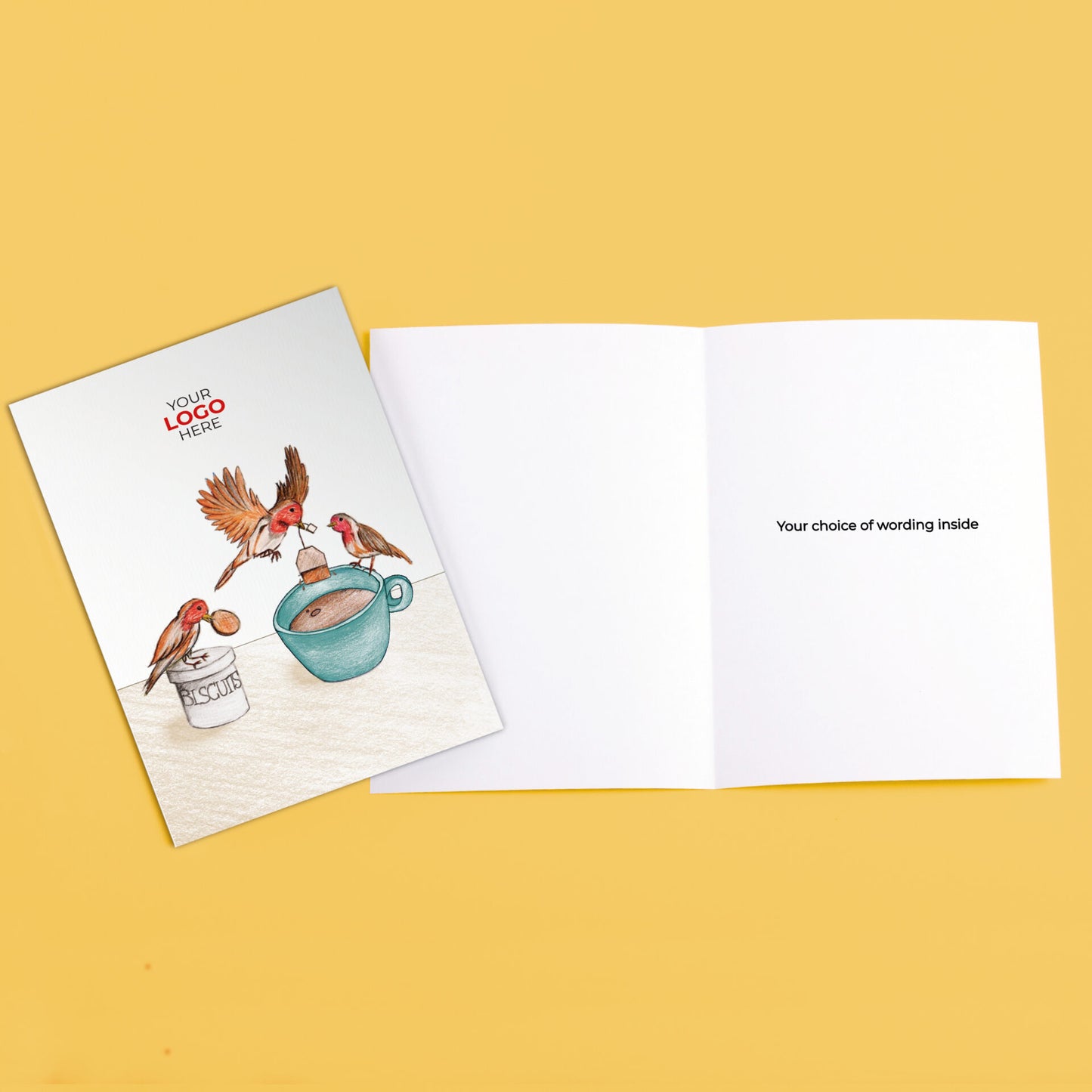 ‘Birds Making Tea’ Personalised Corporate Branded Open Greeting Cards image 3