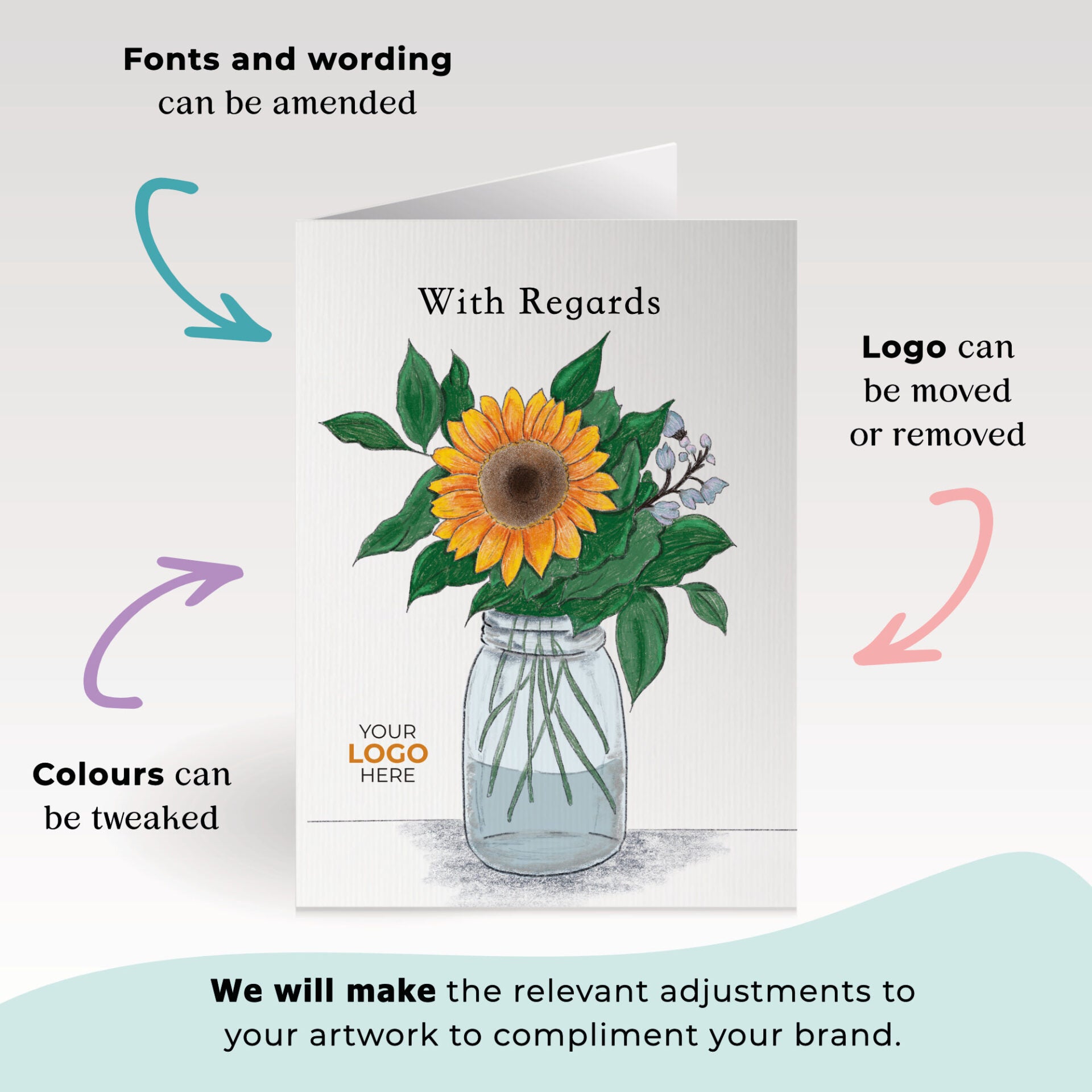 ‘Sunflower' Personalised Corporate Branded Open Greeting Cards image 1