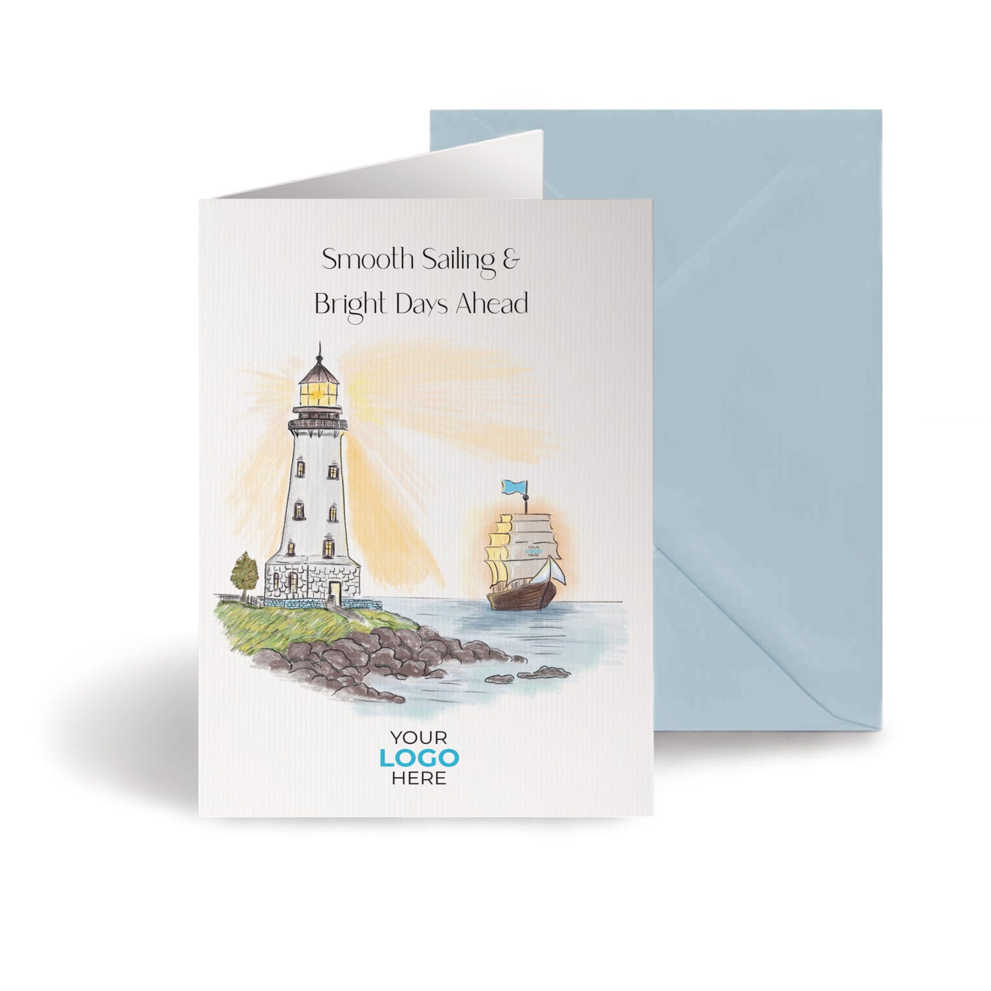 ‘Lighthouse & Boat’ Personalised Corporate Branded Leaving Greeting Cards image 0
