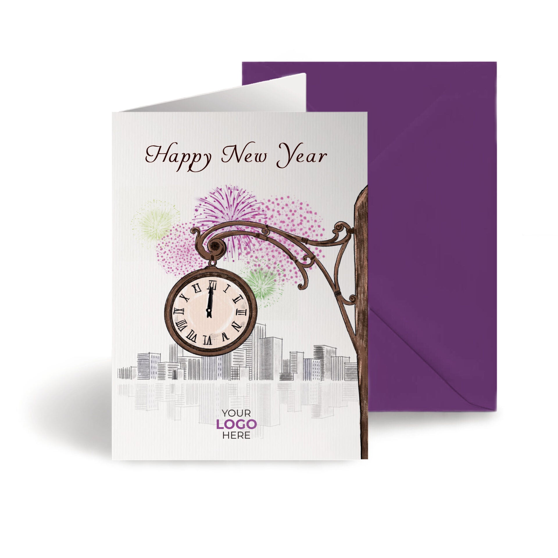Clock Striking Twelve' Personalised Corporate Branded New Year Greeting Cards image 0