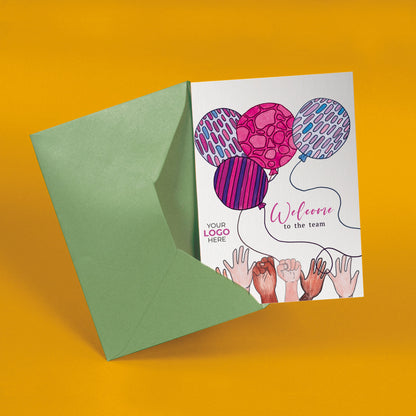 ‘Balloons & Hands’ Personalised Corporate Branded New Job Greeting Cards image 2