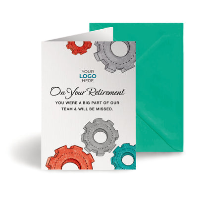 ‘Colourful Cogs’ Personalised Corporate Branded Retirement Greeting Cards image 0