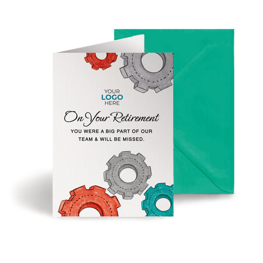 ‘Colourful Cogs’ Personalised Corporate Branded Retirement Greeting Cards image 0