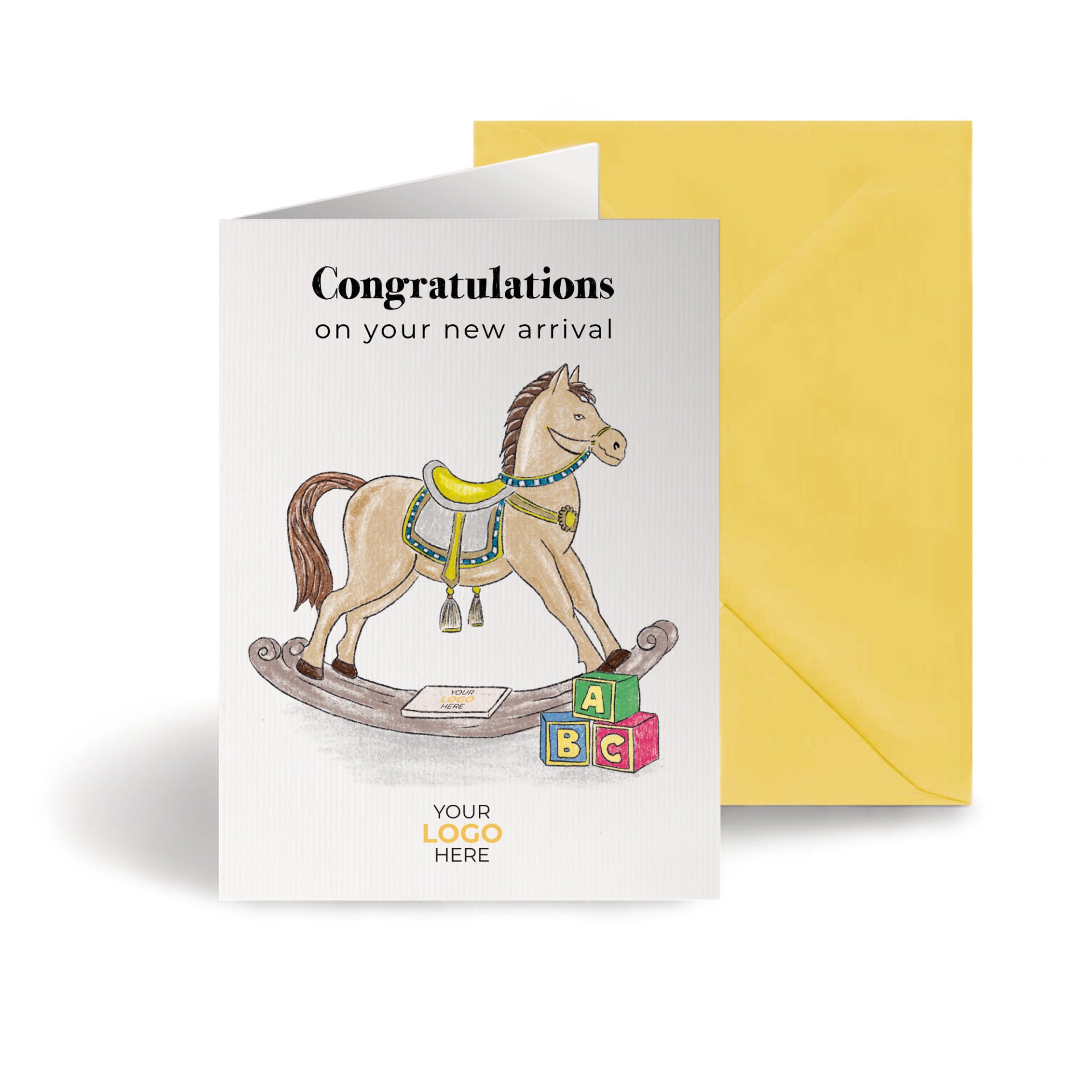 ‘Rocking Horse’ Personalised Corporate Branded New Baby Greeting Cards image 0
