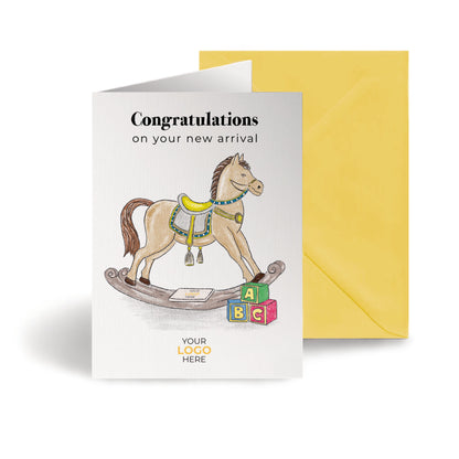 ‘Rocking Horse’ Personalised Corporate Branded New Baby Greeting Cards image 0
