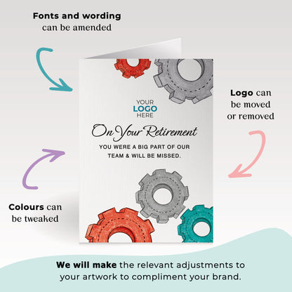 ‘Colourful Cogs’ Personalised Corporate Branded Retirement Greeting Cards image 1