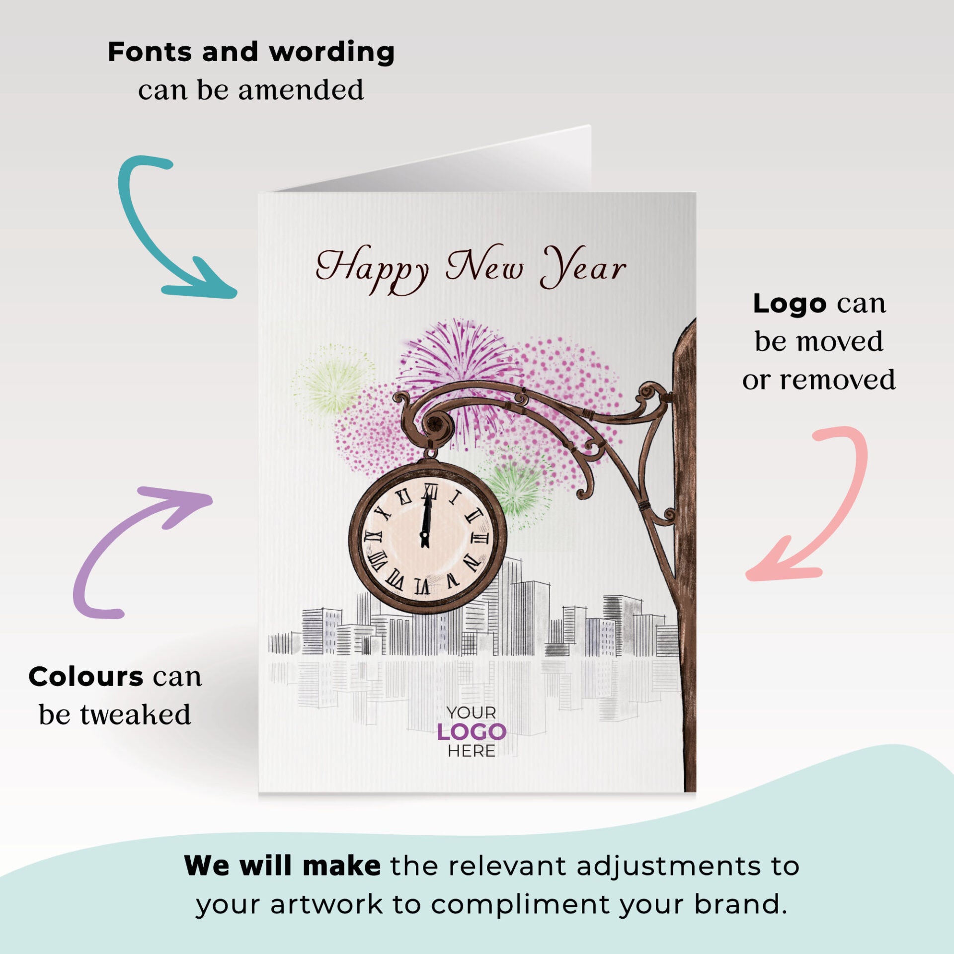Clock Striking Twelve' Personalised Corporate Branded New Year Greeting Cards image 1