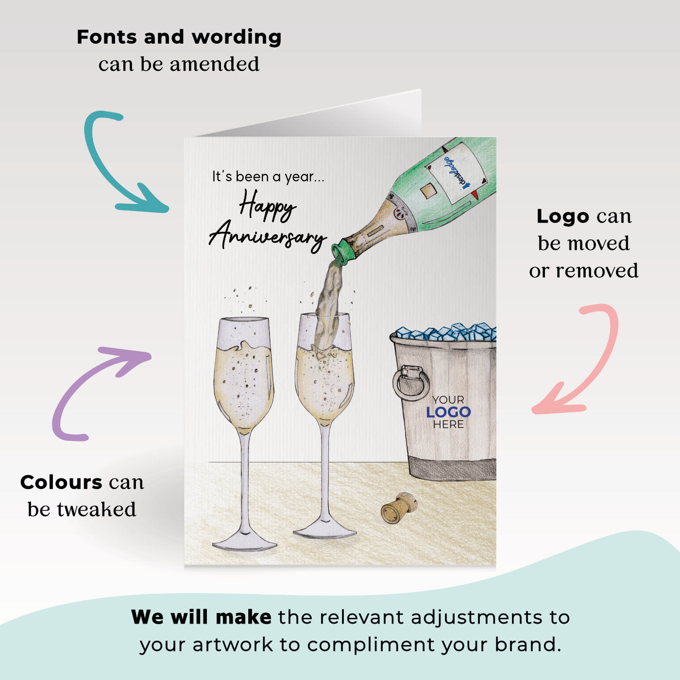 ‘Pouring Champagne’ Personalised Corporate Branded Anniversary Greeting Cards image 1