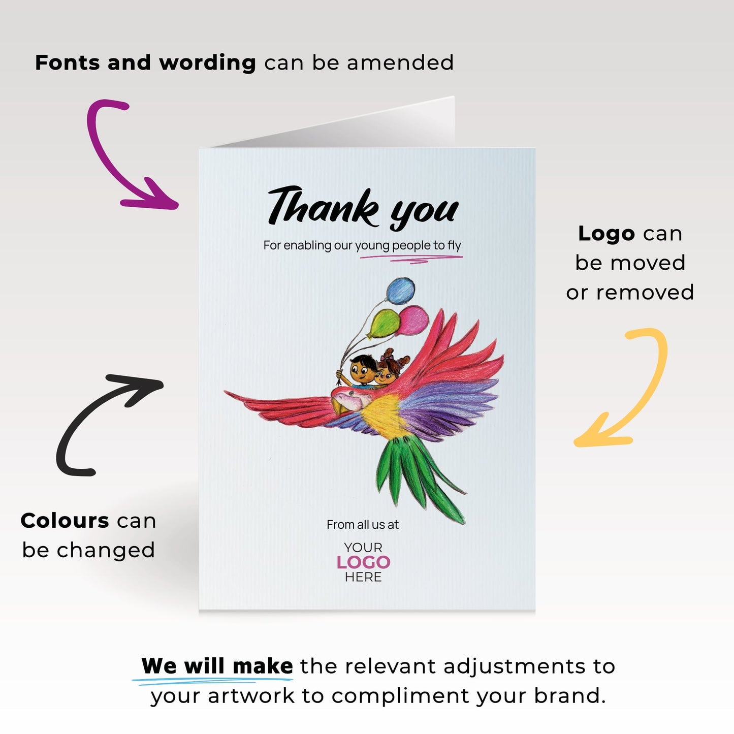 ‘Parrot with Children’ Personalised Corporate Branded Education Greeting Cards image 1