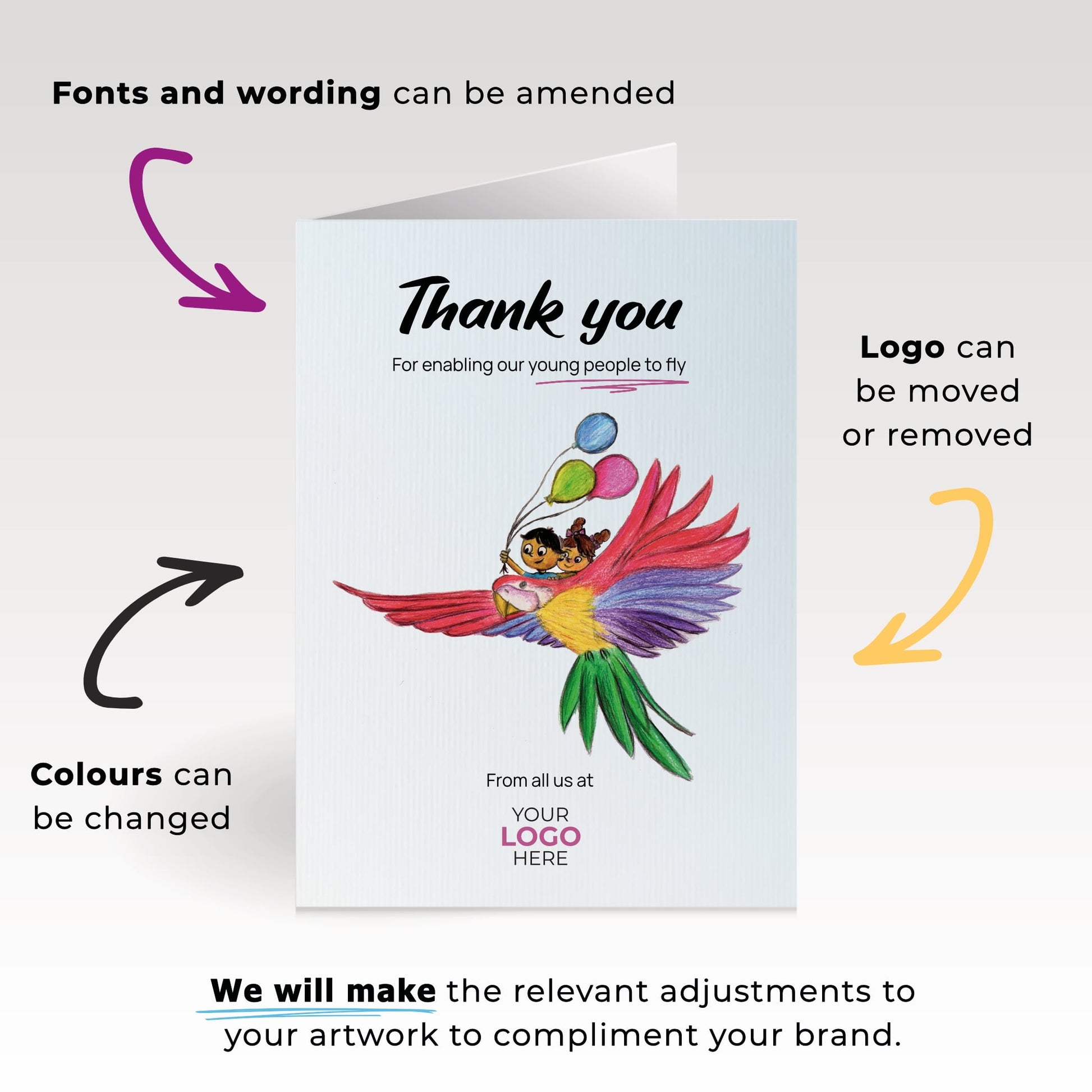 ‘Parrot with Children’ Personalised Corporate Branded Education Greeting Cards image 1