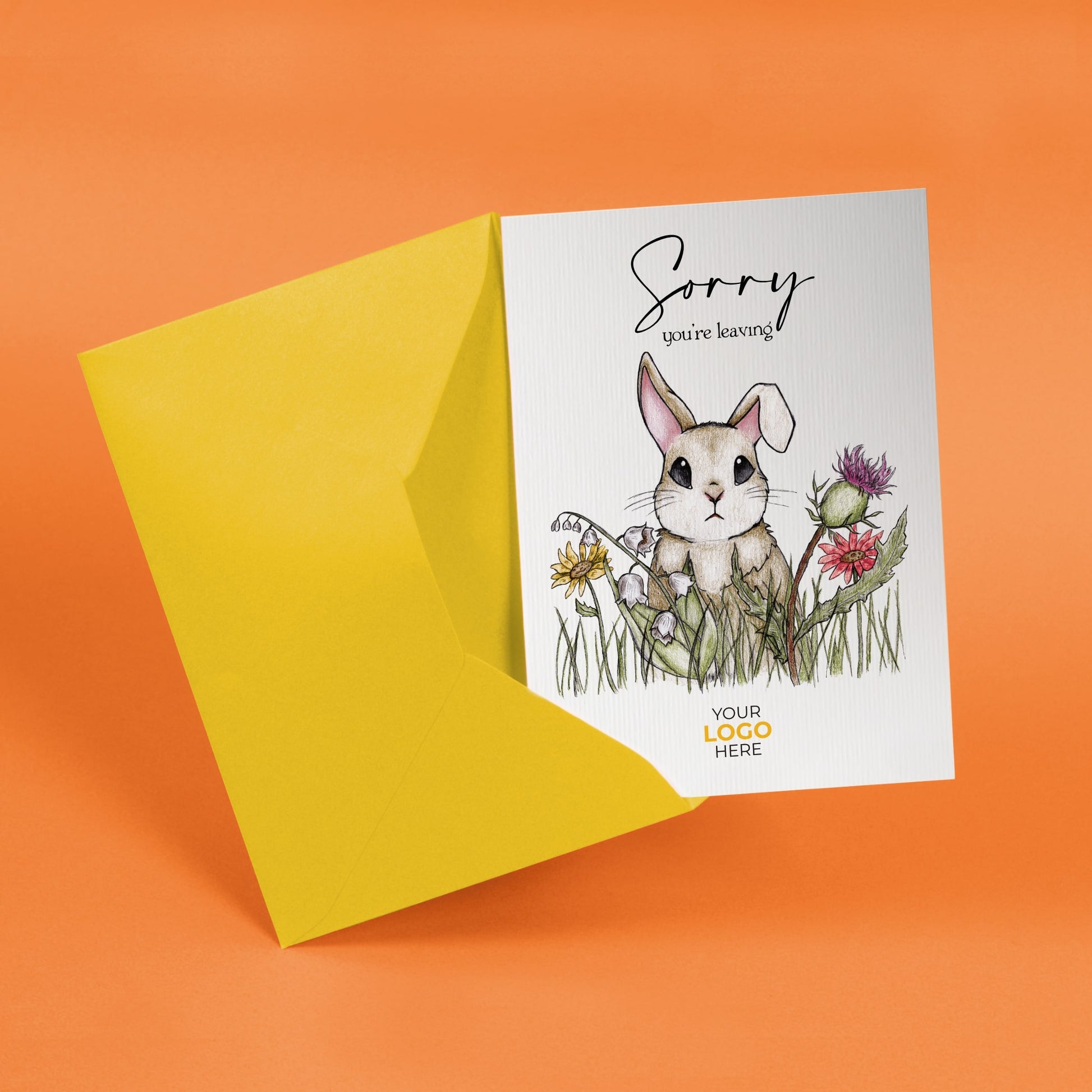 ‘Bunny Through Flowers’ Personalised Corporate Branded Leaving Greeting Cards image 2