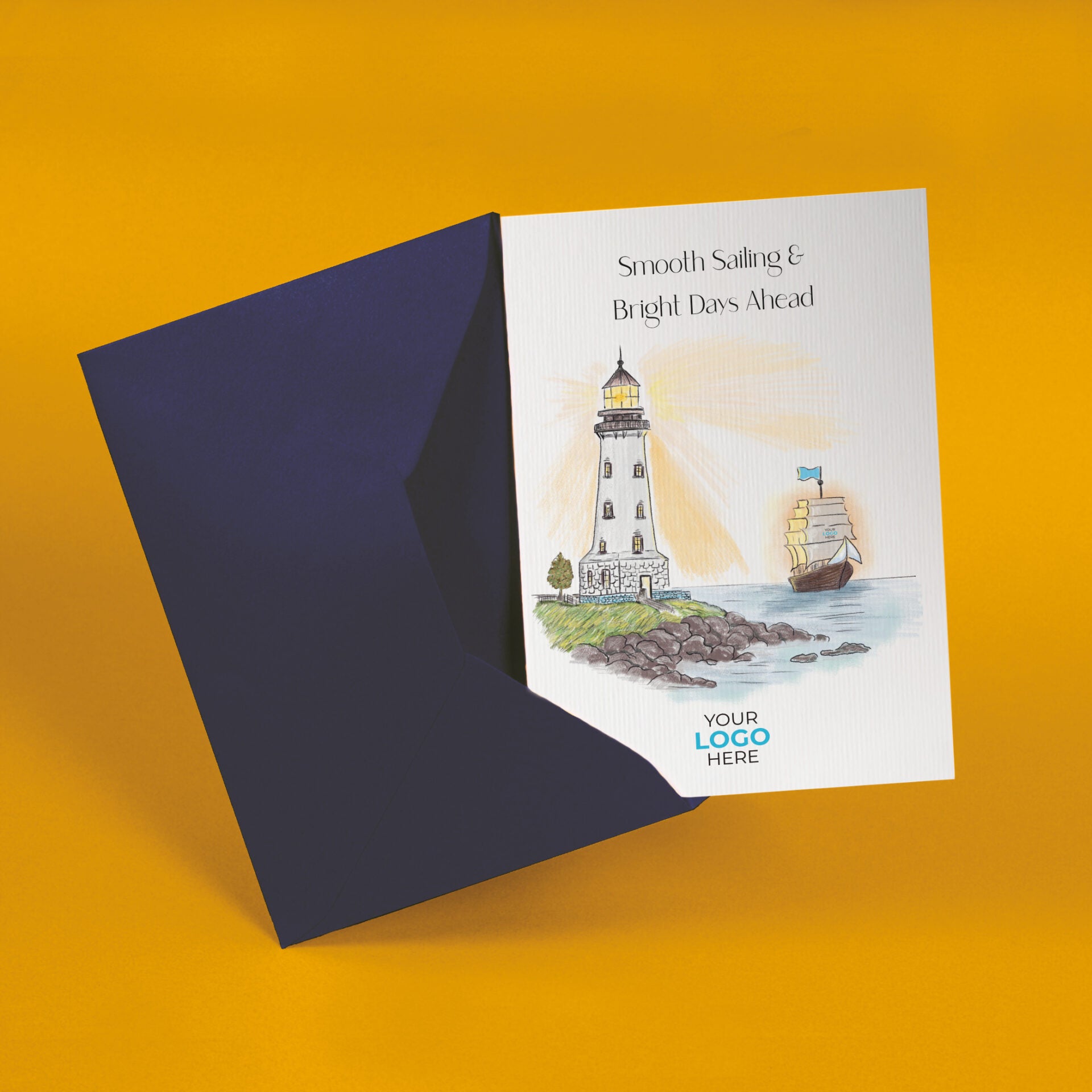 ‘Lighthouse & Boat’ Personalised Corporate Branded Leaving Greeting Cards image 2