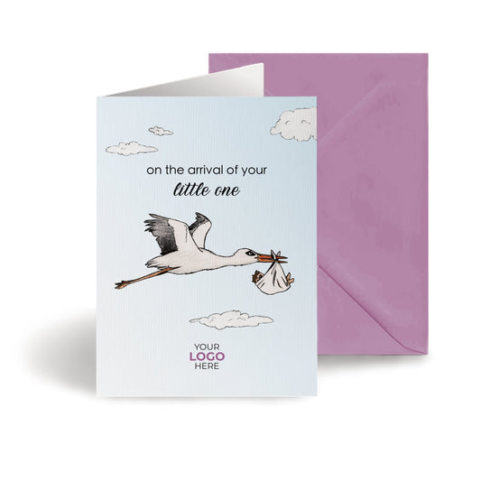 ‘Stork Holding Baby’ Personalised Corporate Branded New Baby Greeting Cards image 0