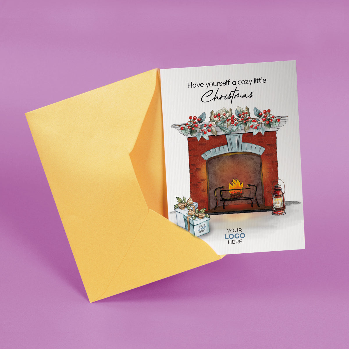‘Burning Fireplace' Personalised Company Christmas Cards image 1