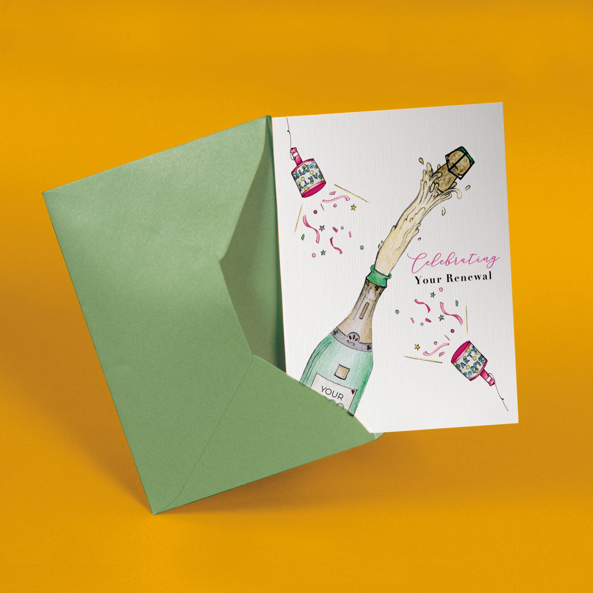 ‘Champagne Popping' Personalised Corporate Branded Renewal Greeting Cards image 2