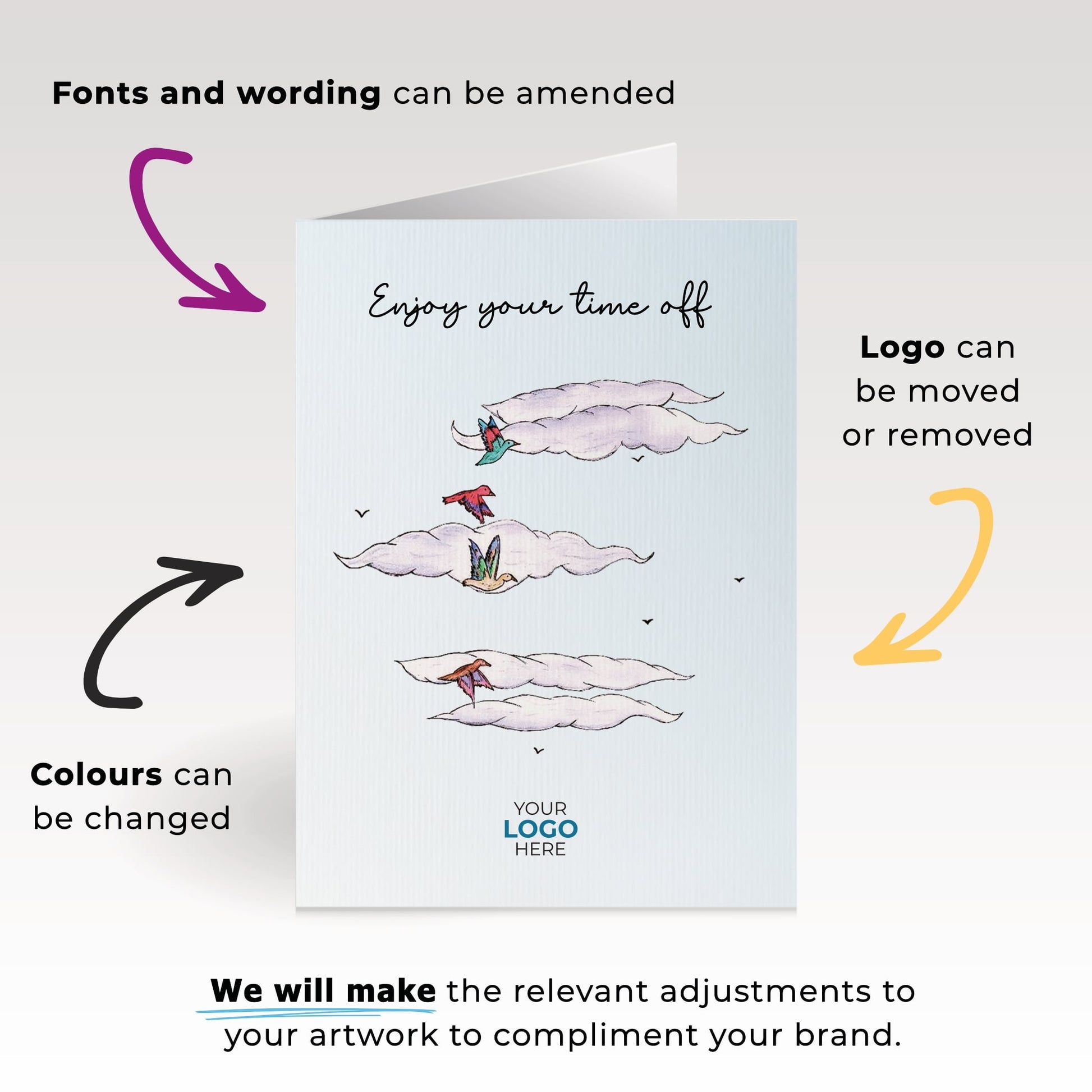 ‘Birds In Clouds’ Personalised Corporate Branded Travel Greeting Cards image 1