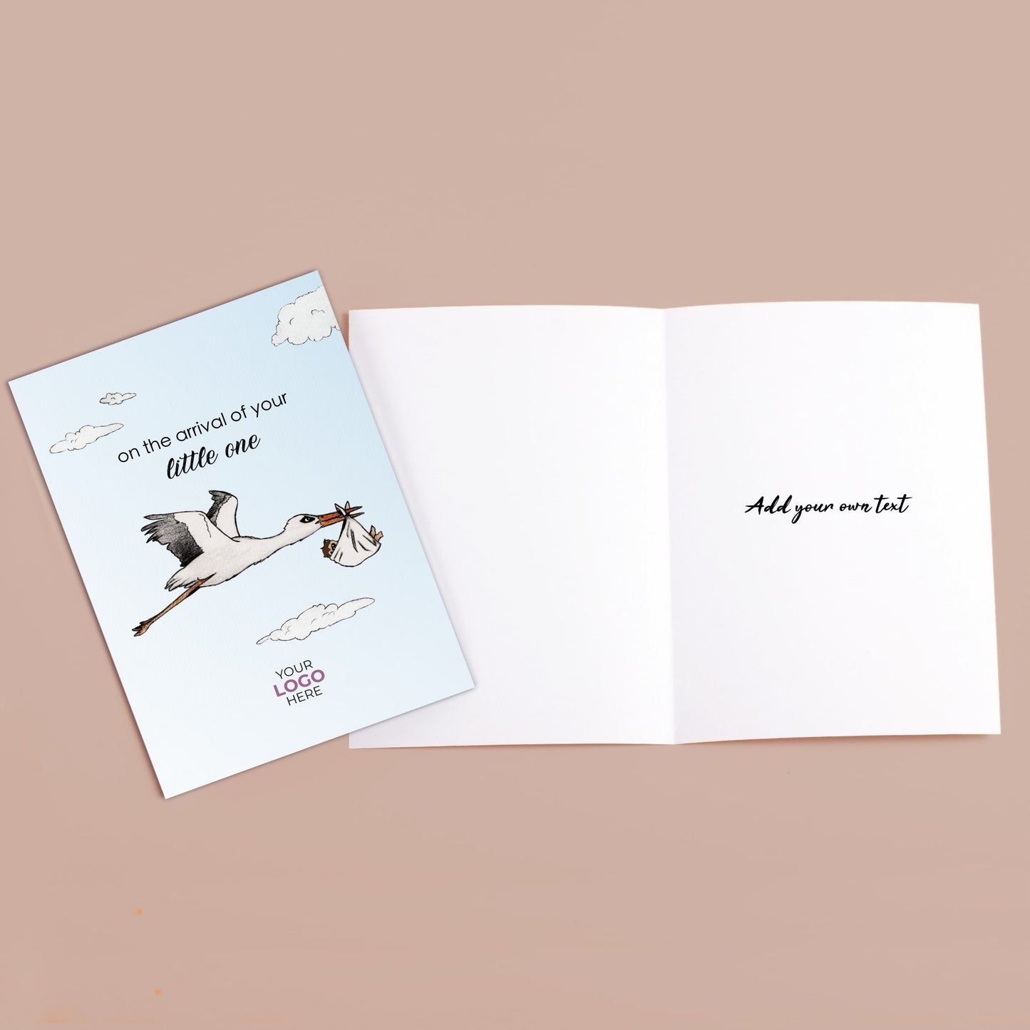 ‘Stork Holding Baby’ Personalised Corporate Branded Health Care Greeting Cards image 2