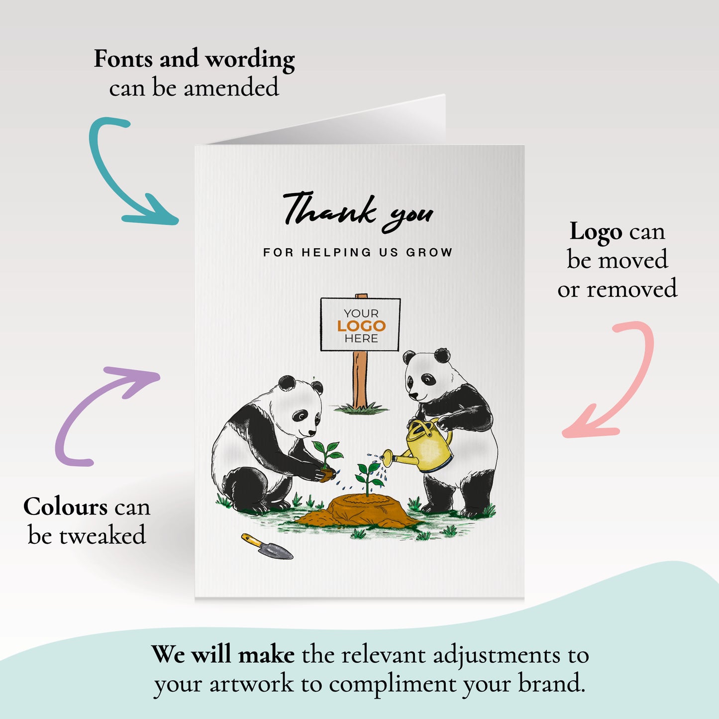 #415 - ‘Panda Bears Gardening’  Branded Client Thank You Cards