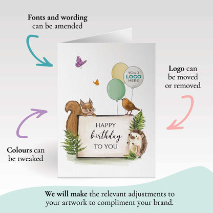 #416 - ‘Forest Friends with Sign’ Branded Birthday Cards