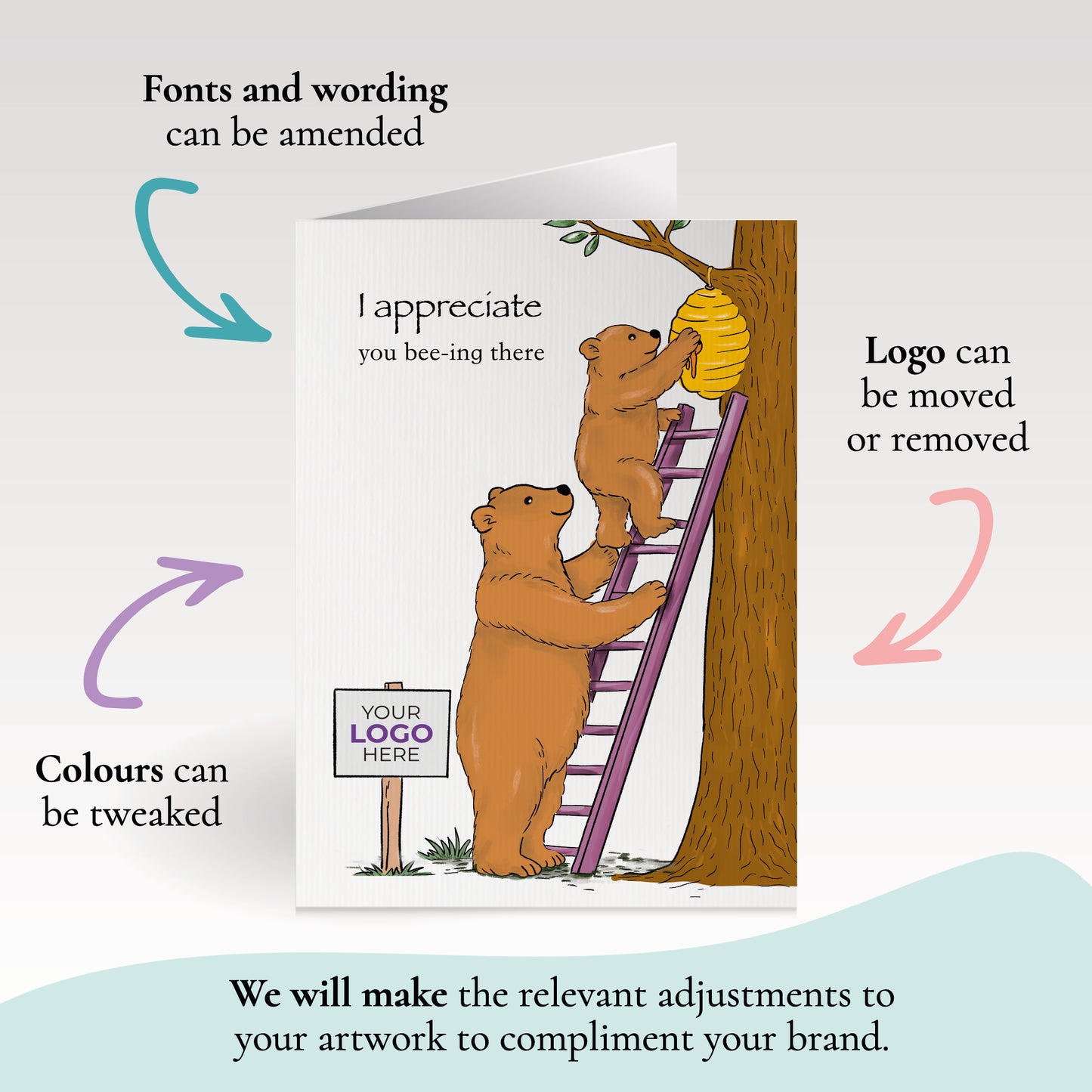 #437 - ‘Bears Reaching Honey’ Personalised Education Greeting Cards