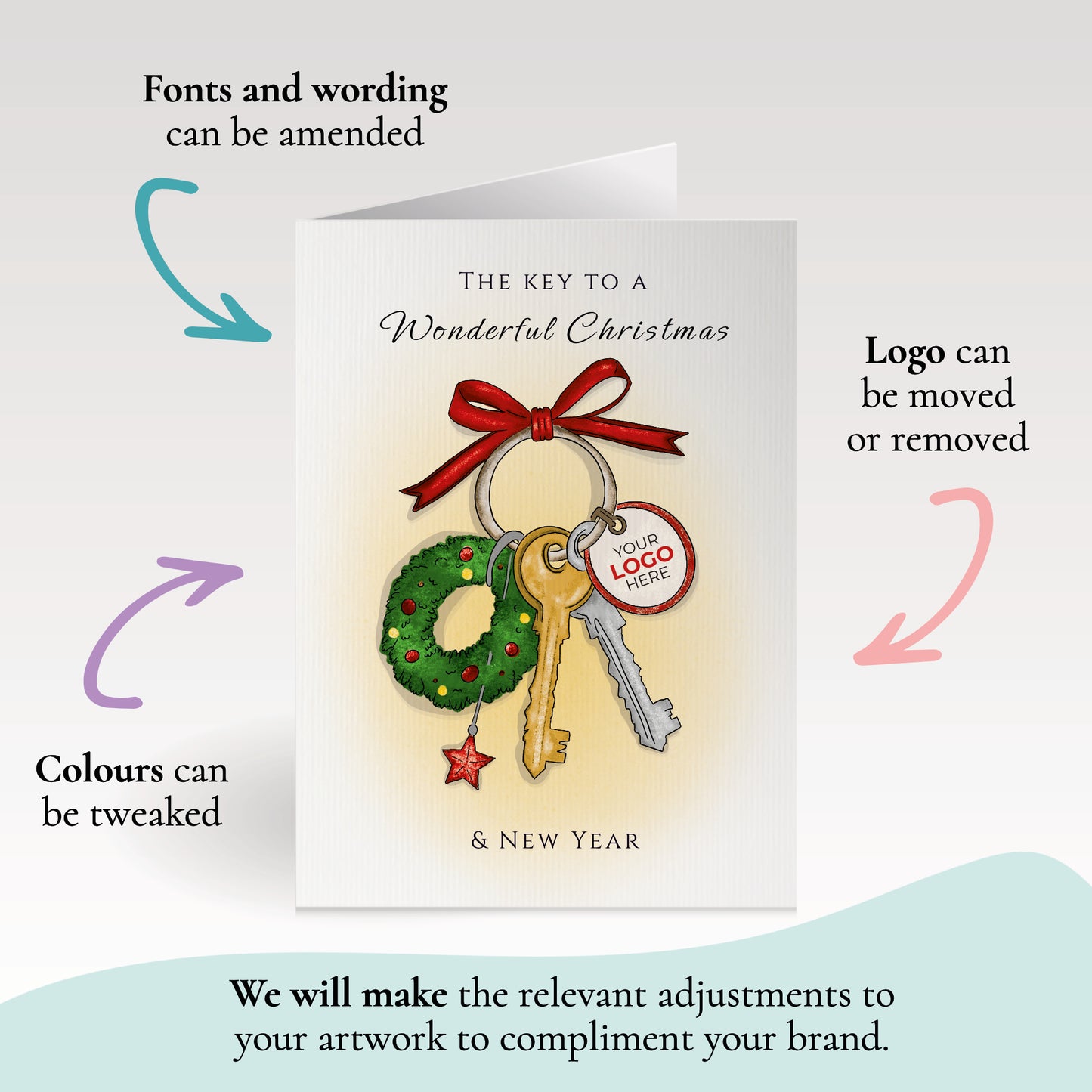 #446 - ‘Festive Keys & Bow' Personalised Company Christmas Cards
