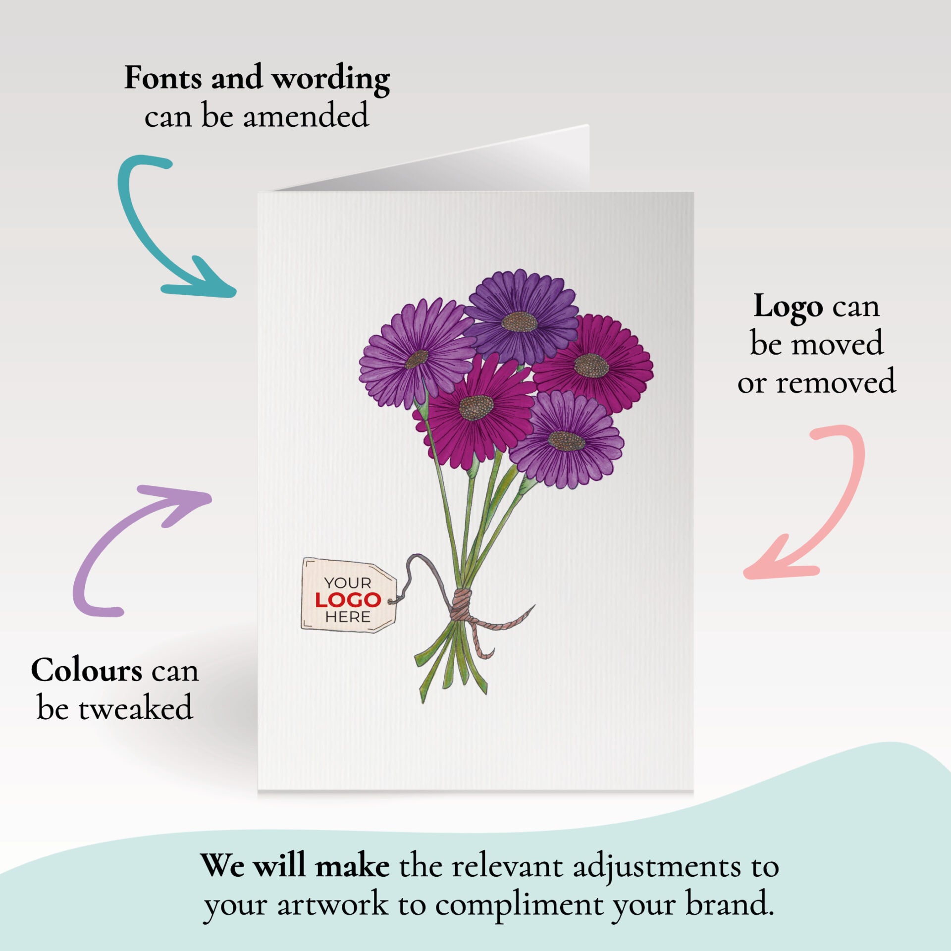 ‘Bunch of Flowers’ Personalised Corporate Branded Open Greeting Cards image 1