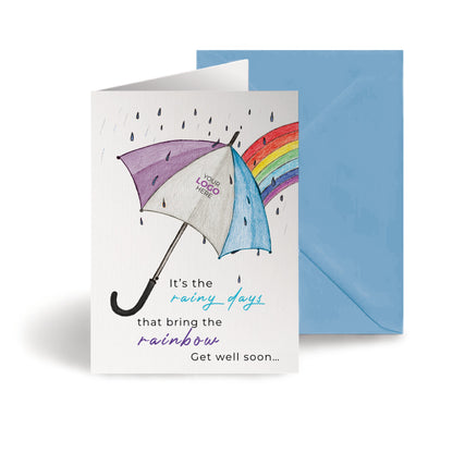 ‘Umbrella & Rainbow’ Personalised Corporate Branded Get Well Soon Greeting Cards image 0