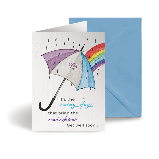 ‘Umbrella & Rainbow’ Personalised Corporate Branded Get Well Soon Greeting Cards image 0