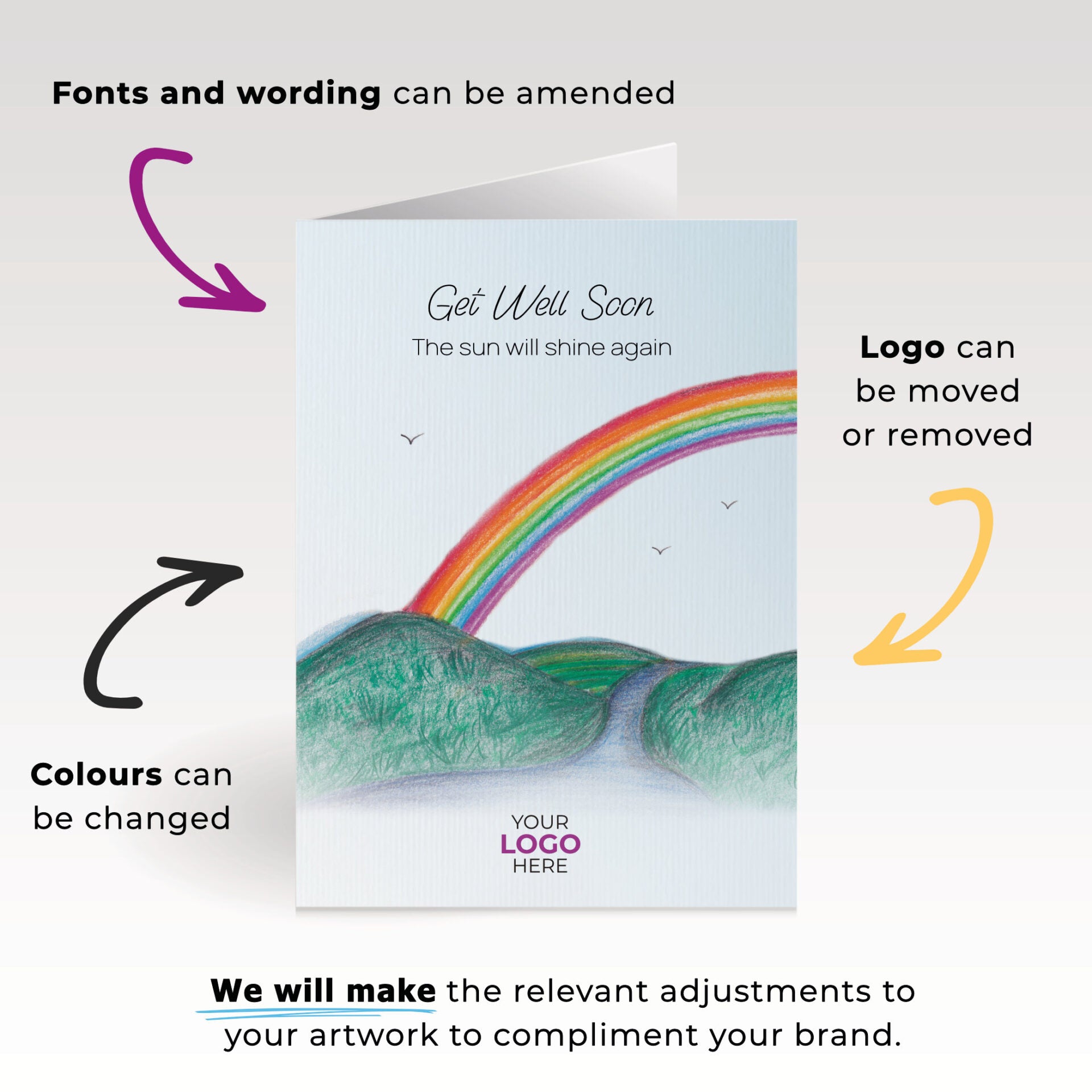 ‘Rainbow’ Personalised Corporate Branded Get Well Soon Greeting Cards image 1