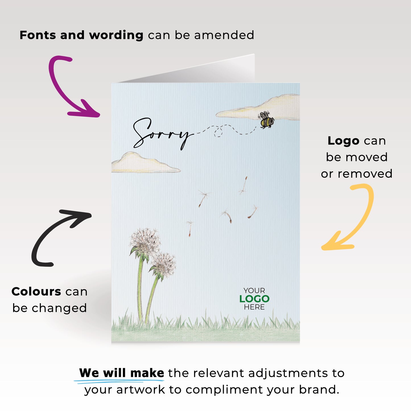 ‘Dandelion’ Personalised Corporate Branded Sorry Greeting Cards image 1