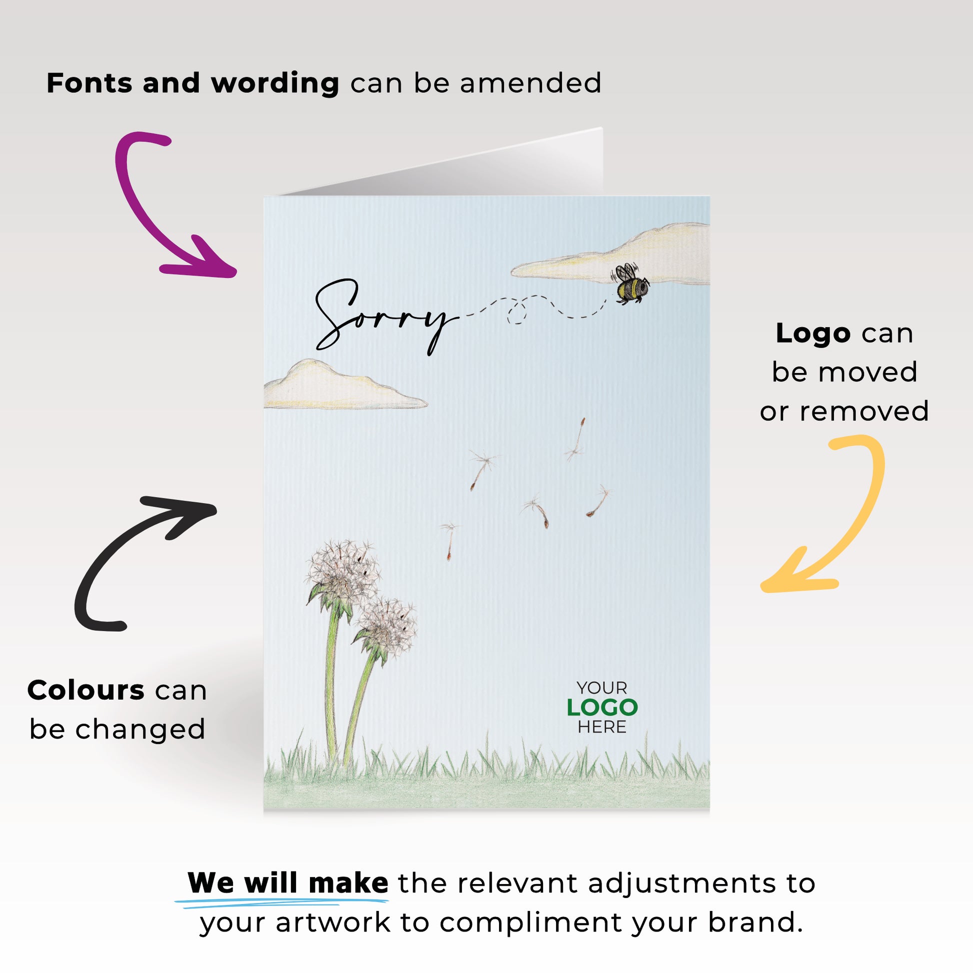 ‘Dandelion’ Personalised Corporate Branded Sorry Greeting Cards image 1