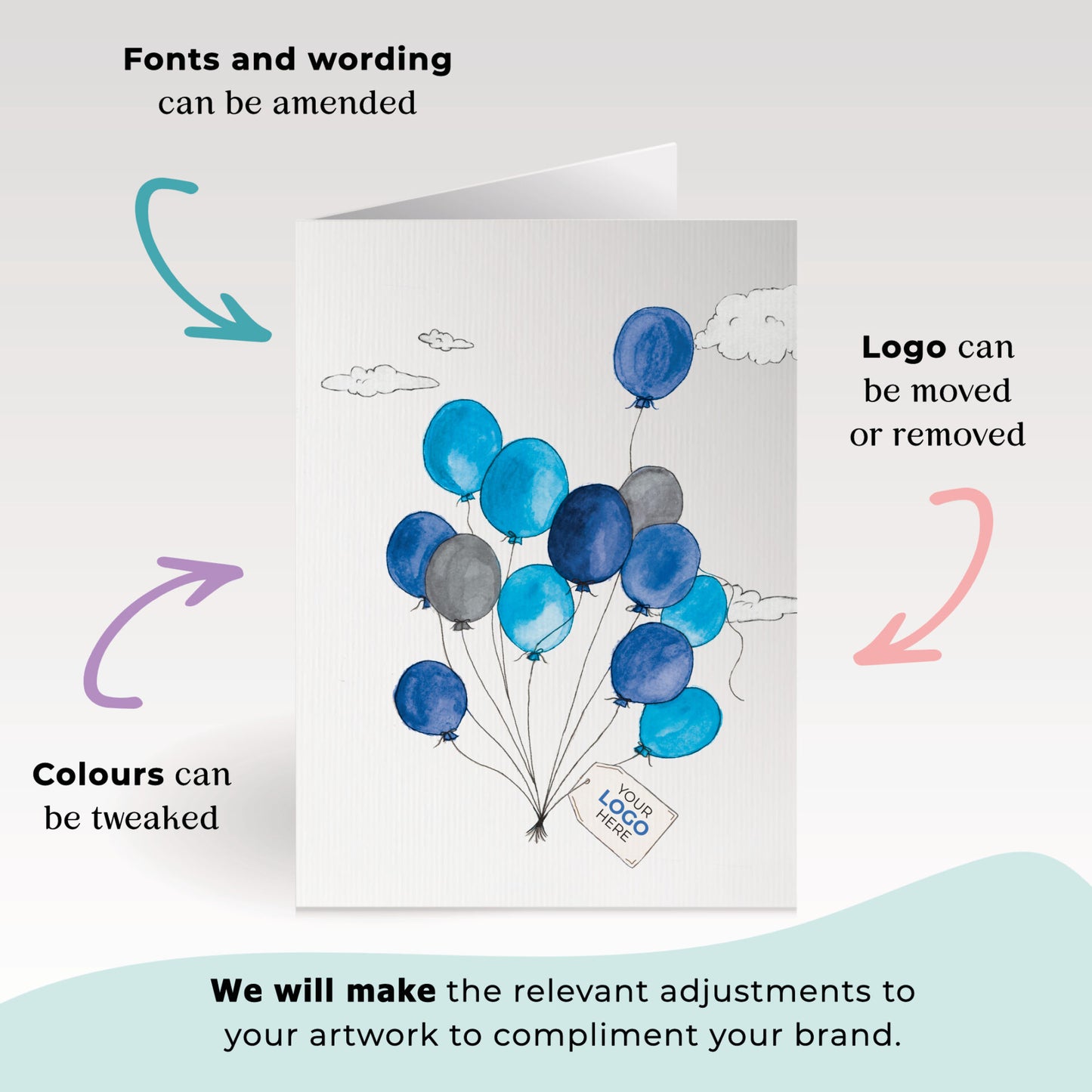 ‘Balloons in Clouds’ Personalised Corporate Branded Open Greeting Cards image 1