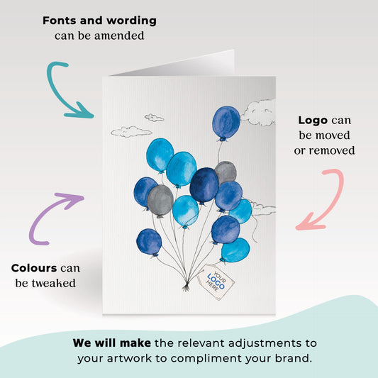 ‘Balloons in Clouds’ Personalised Corporate Branded Open Greeting Cards image 1