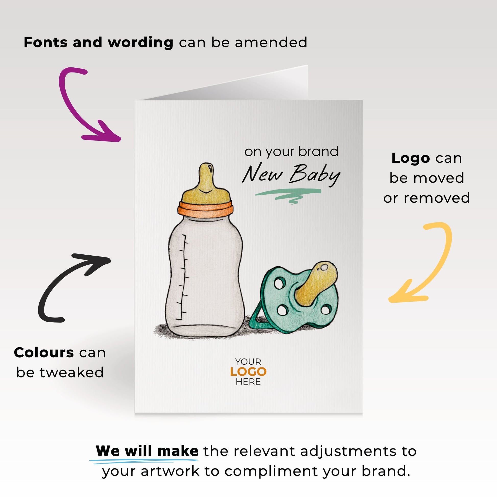 ‘Dummy & Bottle’ Personalised Corporate Branded New Baby Greeting Cards image 1