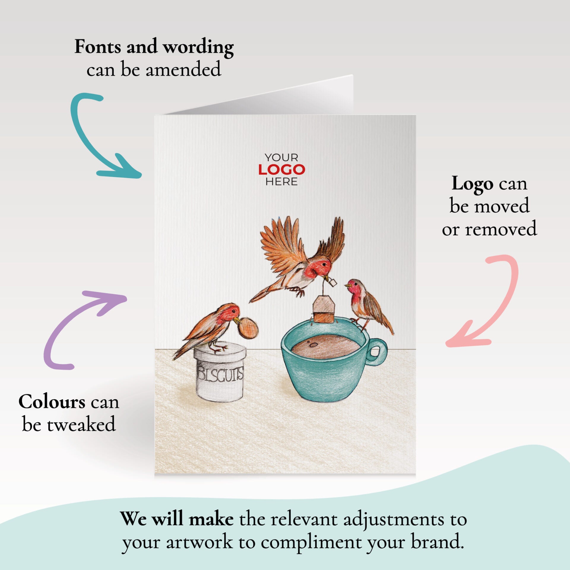 ‘Birds Making Tea’ Personalised Corporate Branded Open Greeting Cards image 1