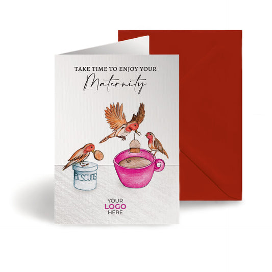 ‘Birds Making Tea’ Personalised Corporate Branded Maternity/Paternity Greeting Cards image 0