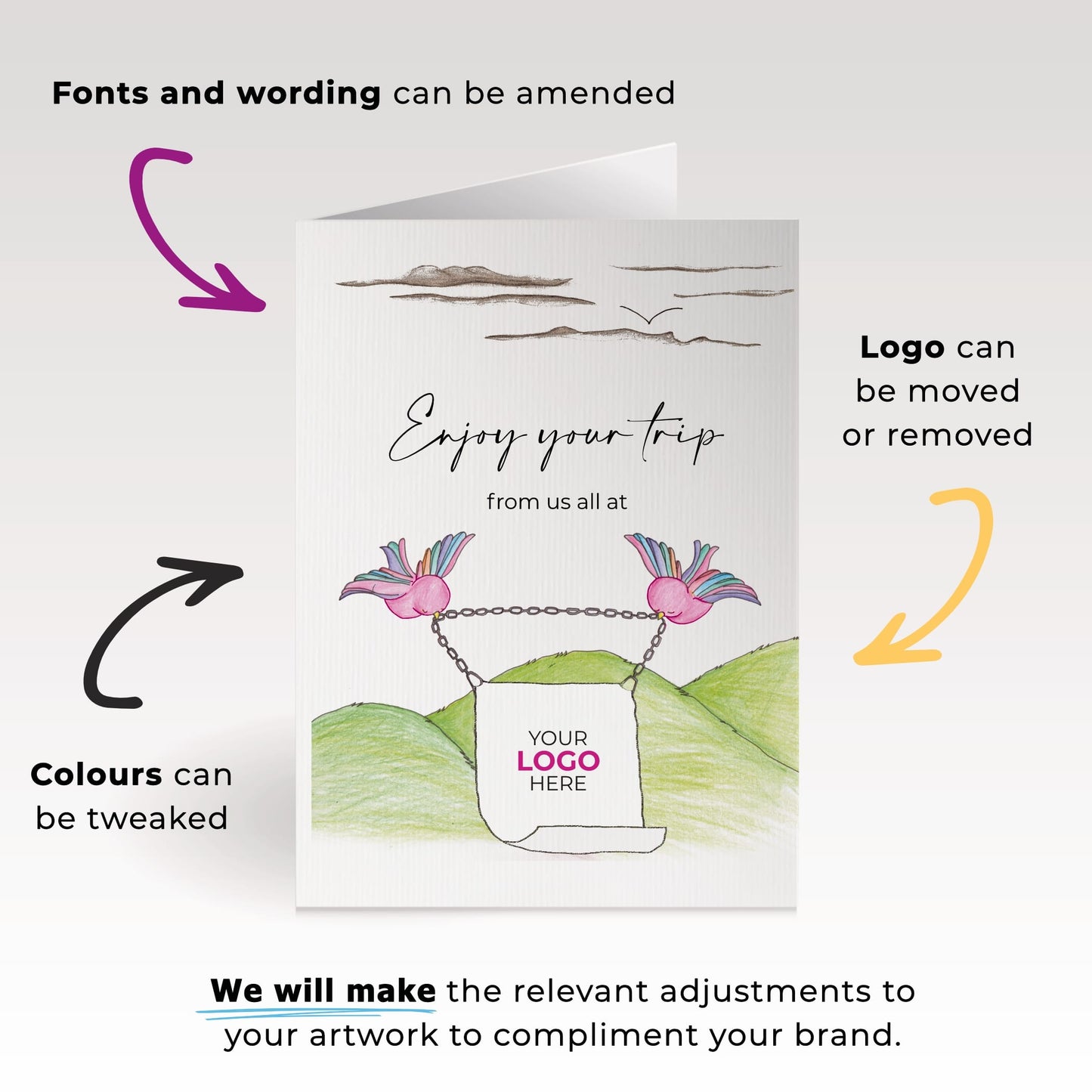 ‘Birds With Sign’ Personalised Corporate Branded Travel Greeting Cards image 1