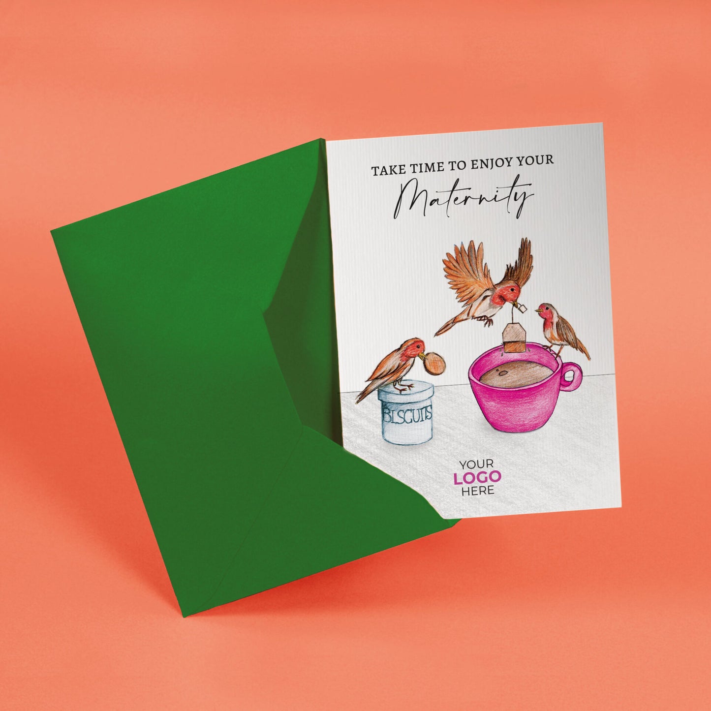 ‘Birds Making Tea’ Personalised Corporate Branded Maternity/Paternity Greeting Cards image 2