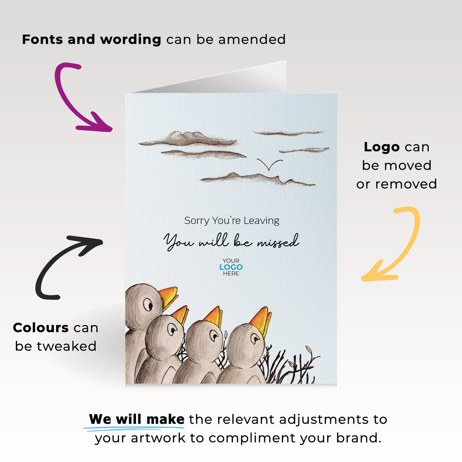 ‘Birds In Nest’ Personalised Corporate Branded Leaving Greeting Cards image 1