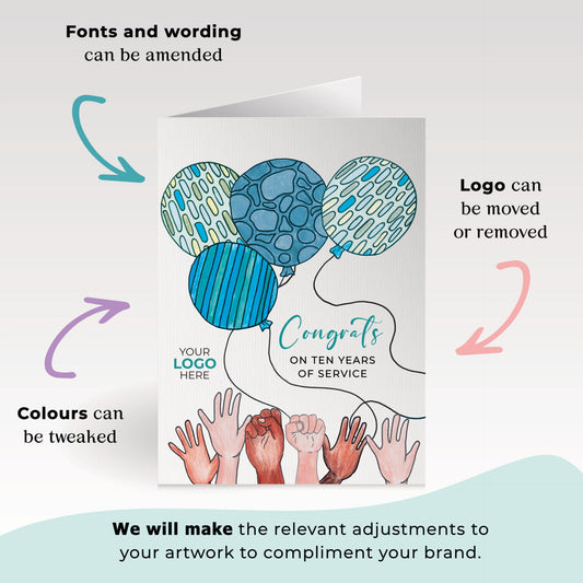 ‘Balloons & Hands’ Personalised Corporate Branded Anniversary Greeting Cards image 1