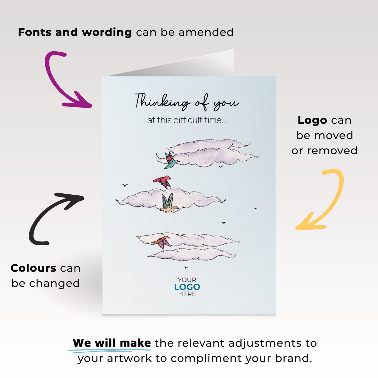 ‘Birds in Clouds’ Personalised Corporate Branded Thinking of You Greeting Cards image 1