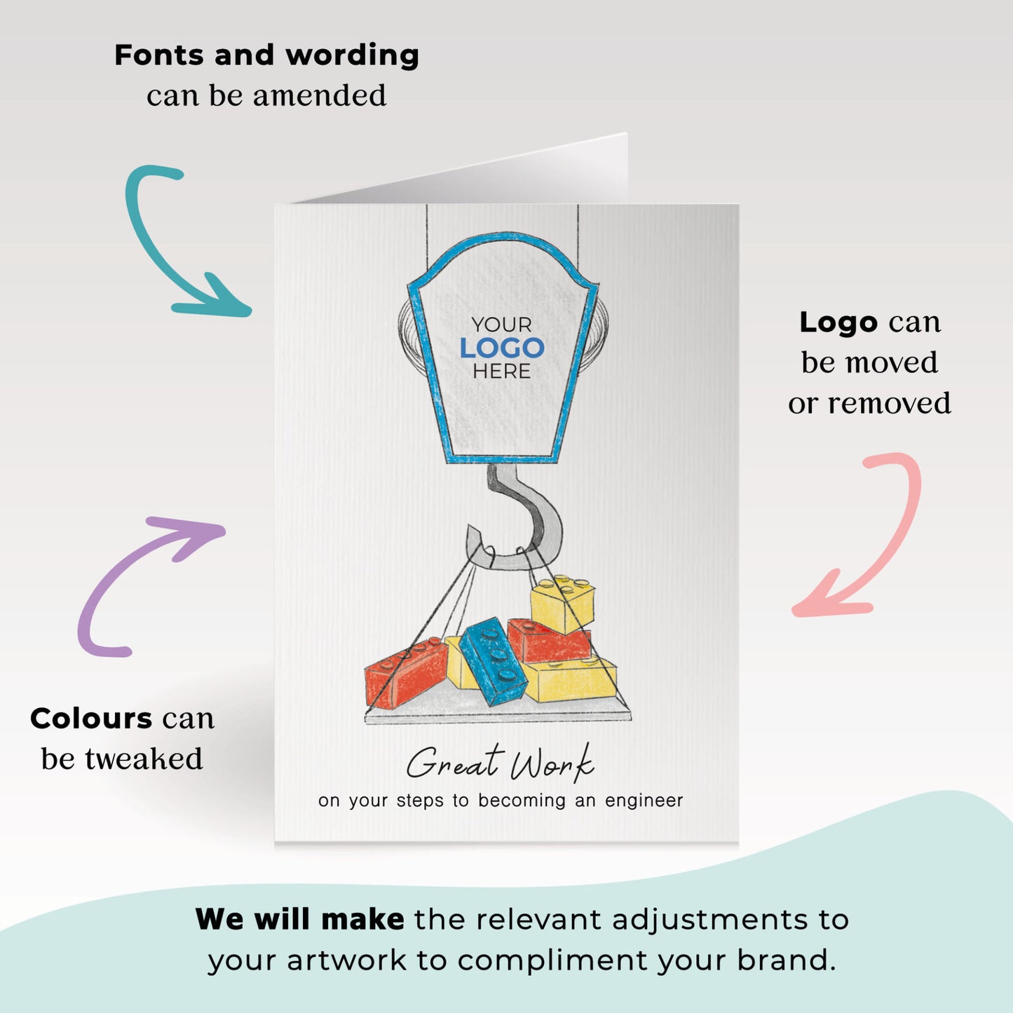 ‘Crane Lifting Lego’ Personalised Corporate Branded Education Greeting Cards image 1