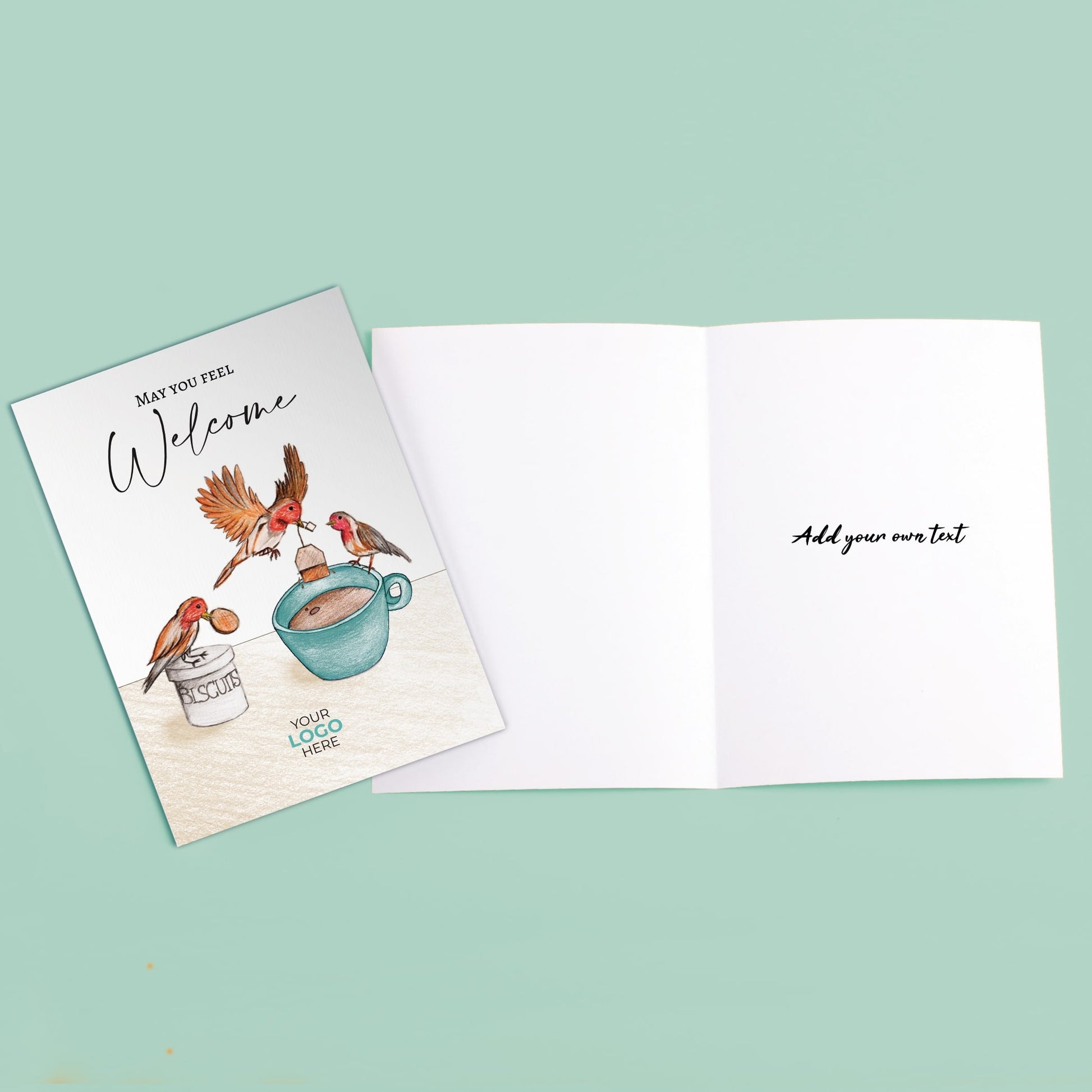 ‘Birds Making Tea’ Personalised Corporate Branded Welcome Greeting Cards image 3