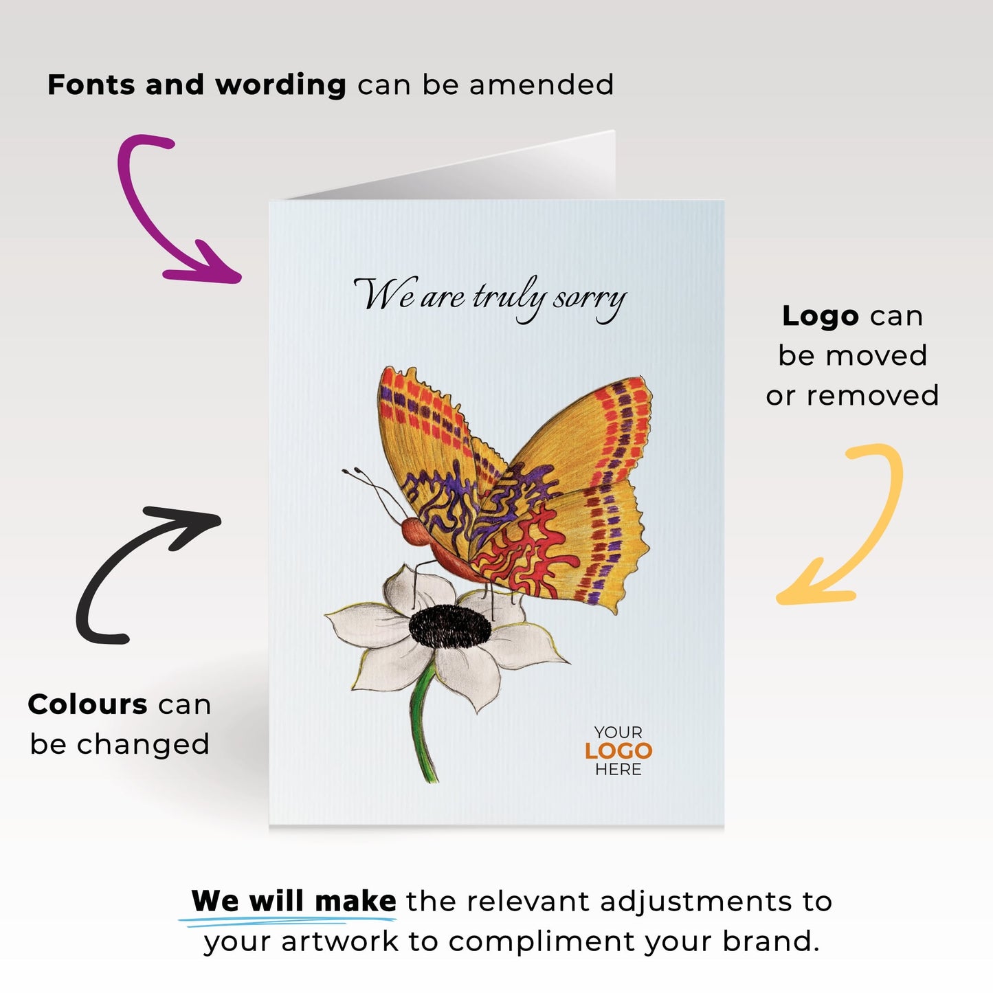 ‘Butterfly on Flower’ Personalised Corporate Branded Sympathy Greeting Cards image 1