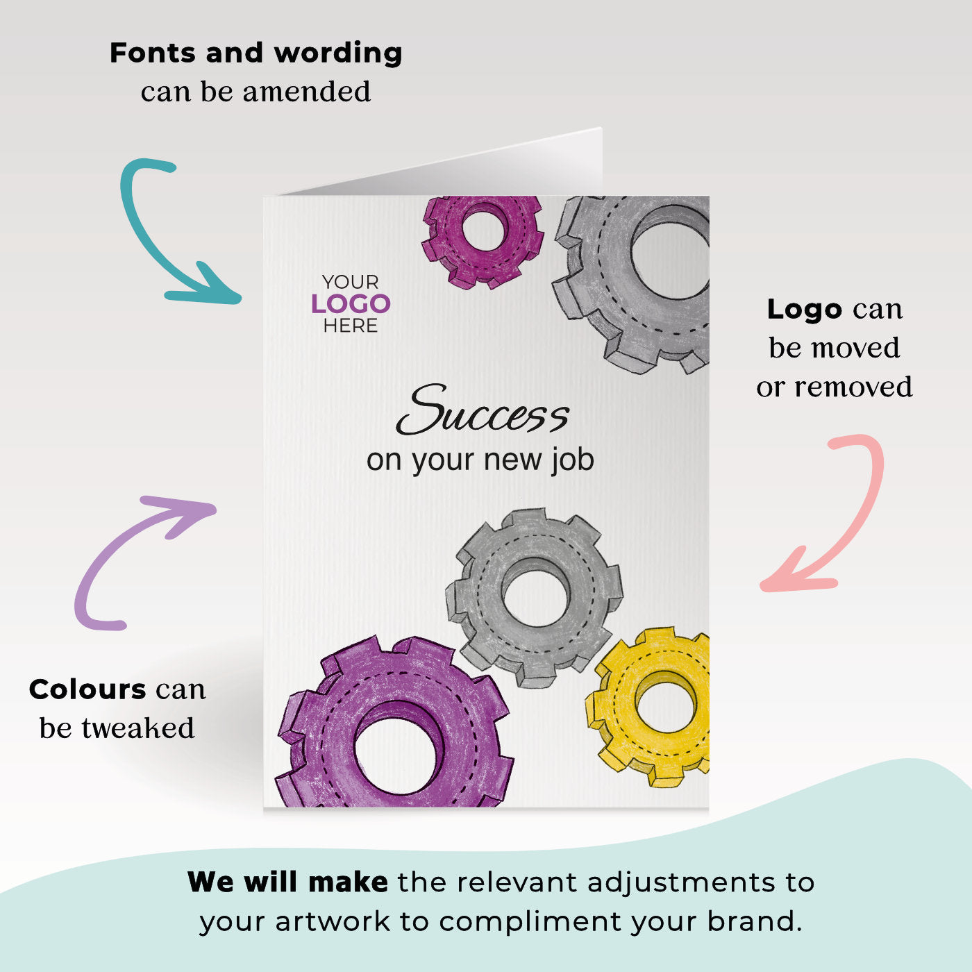 ‘Colourful Cogs’ Personalised Corporate Branded New Job Greeting Cards image 1