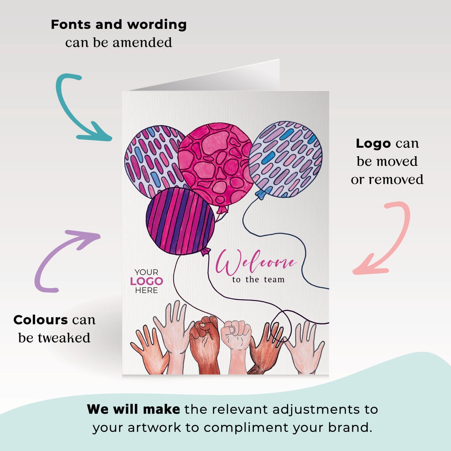 ‘Balloons & Hands’ Personalised Corporate Branded New Job Greeting Cards image 1